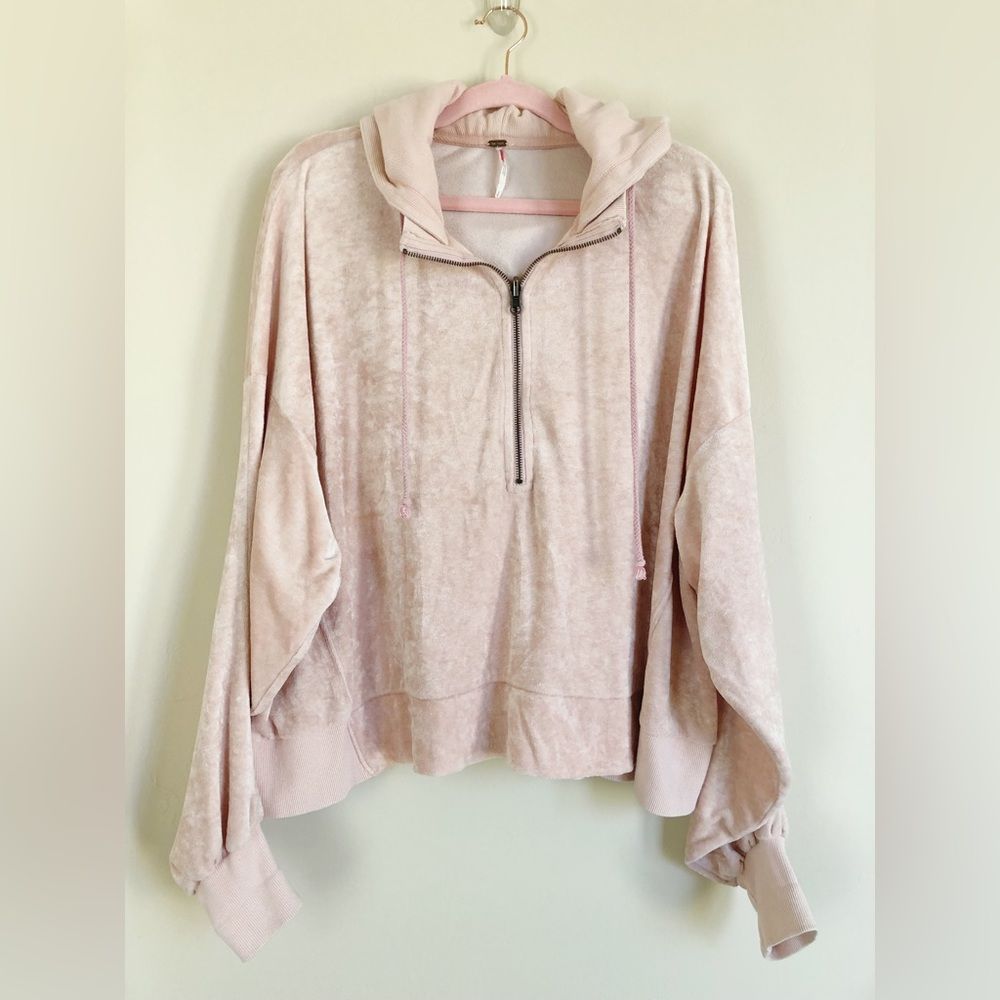 Free People Pink Velour Half Zip Hoodie Oversized Size Small